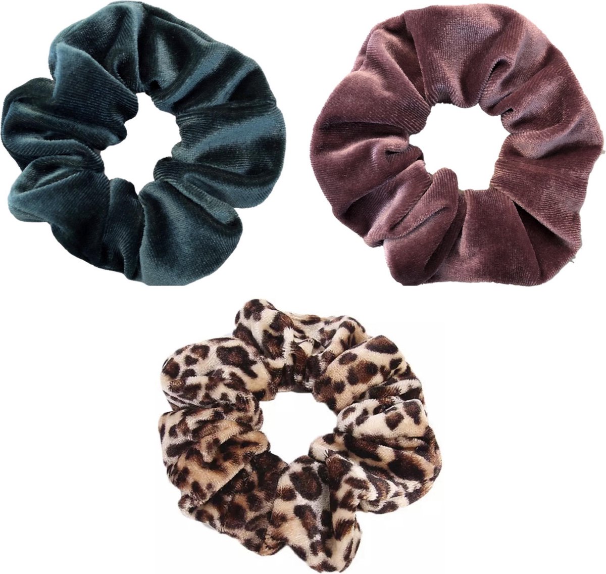 Scrunchie 3 stuks Velvet Extra Vol en Luxe - haarelastiek haarwokkel scrunchies - groenblauw - paarsroze - panterprint bruintinten  - Kraagjeskopen.nl