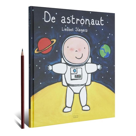 Voorplaat van 'De astronaut' met een vrolijke astronaut in een wit pak in de ruimte met planeten en sterren.