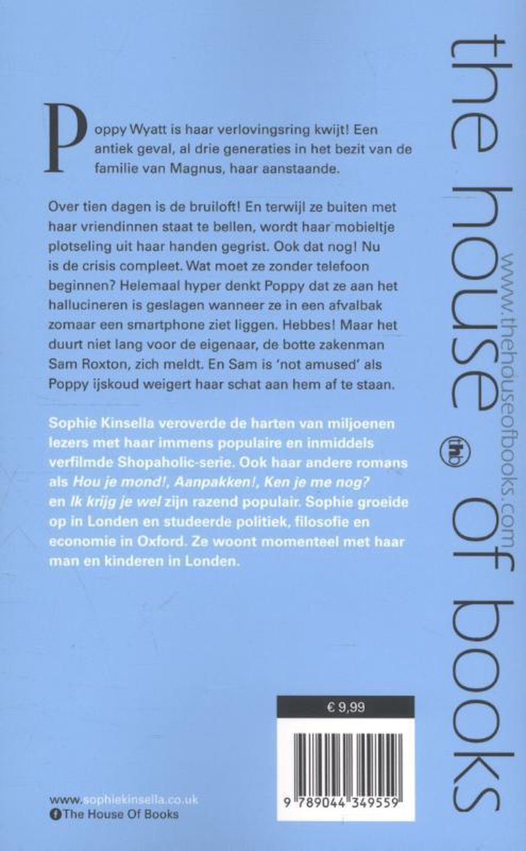 Achterkant van het boek 'Mag ik je nummer even?' van Sophie Kinsella. Met beschrijving en prijs.
