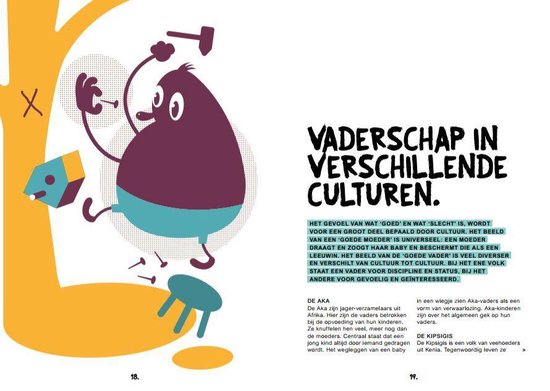 Paarse, dikke tekenfilmfiguur met gereedschap, zittend. Grote tekst 'Vaderschap in verschillende culturen'.