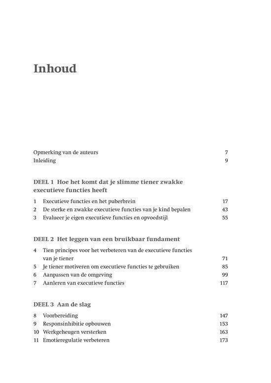 Inhoudsopgave van het boek Slim maar... Pubereditie met hoofdstukken over executieve functies.