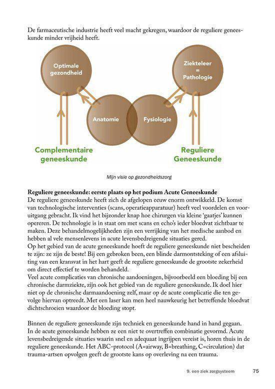 Boekpagina met een diagram dat 'Complementaire geneeskunde' en 'Reguliere geneeskunde' vergelijkt.