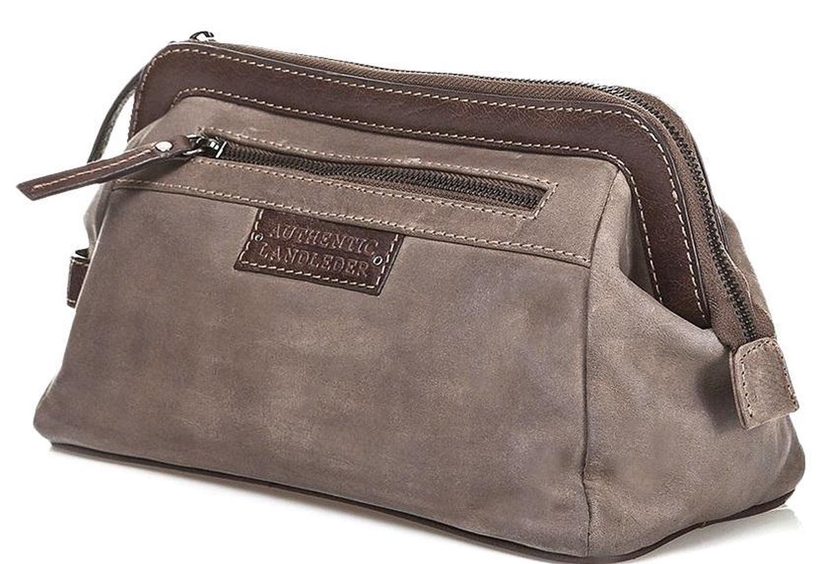 Landleder - Toilettas - Leer - "Campfire" - Taupe - afmeting 26 x 14 x 16 cm.
