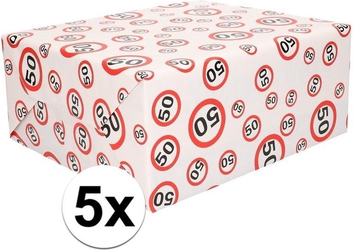 5x Inpakpapier 50 jaar verkeersborden print - 300 x cm - kadopapier / cadeaupapier | bol.com
