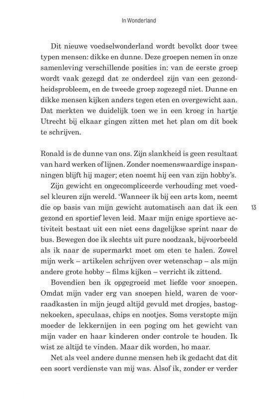 Pagina 13 uit een boek met tekst over voedsel en gewicht, met vermelding van Ronald.