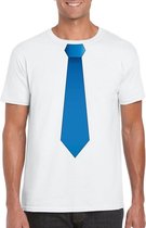 Wit t-shirt met blauwe stropdas heren XL