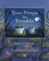 Boekomslag 'Two Frogs in Trouble' met twee kikkers op lelieblaadjes, een libel en de maan op een nachtelijke hemel.
