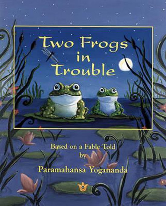 Boekomslag 'Two Frogs in Trouble' met twee kikkers op lelieblaadjes, een libel en de maan op een nachtelijke hemel.