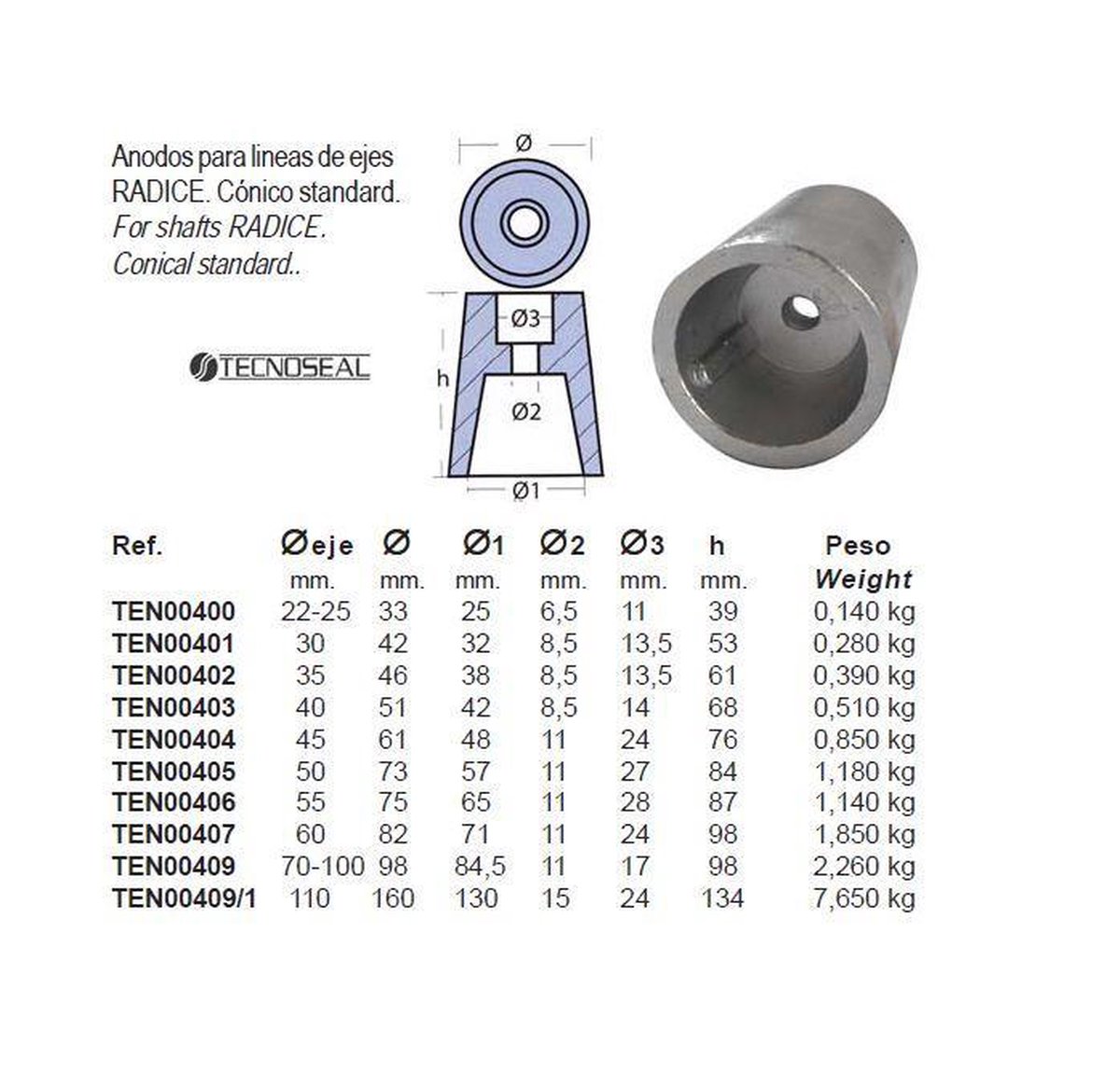 Schroefas anode, zink, 22-25mm (TEN00400) - Tecnoseal