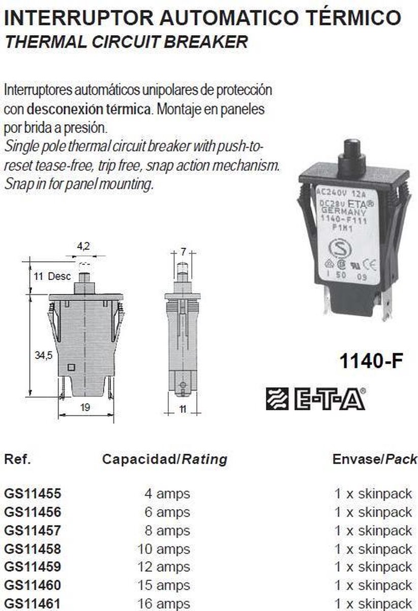 1140-F THERMAL CIRCUIT BREAKER 15A (GS11460)
