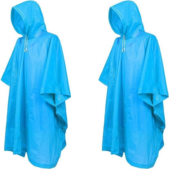 Duo Pack Blauwe Lichtgewicht Regenponcho met Witte Koord - 2 Stuks | Poncho | Regen | Regenjas | Regenkleding | Koordjes Wit | Blauw - Merkloos