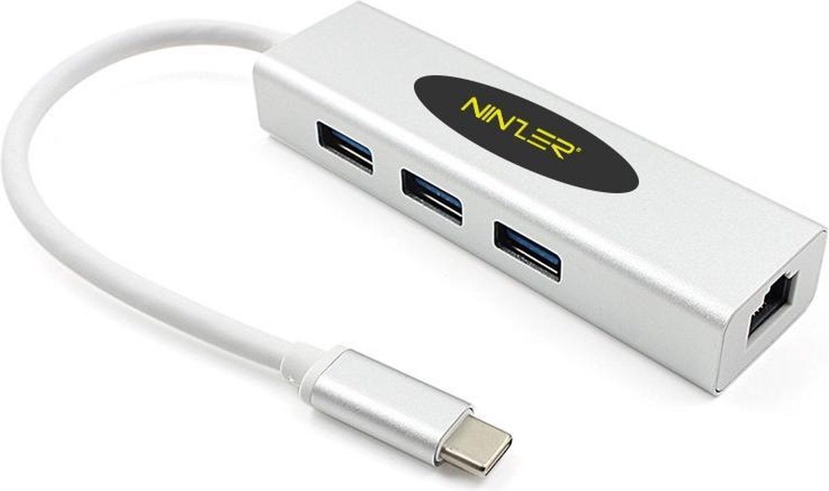 USB-C naar Ethernet Adapter / Internet / Netwerk - 10/100/1000 Mbps met 3.0 USB HUB | Zilver