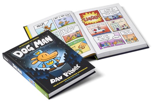 Een boek met de titel Dog Man van Dav Pilkey, opengeklapt met een stripverhaal op de pagina's.