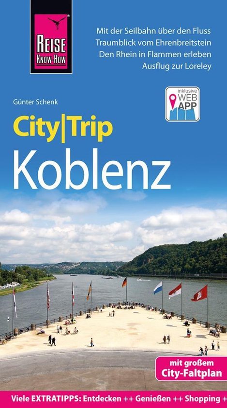 Livre 'CityTrip Koblenz' avec une image du pont du Rhin et de l'Ehrenbreitstein avec le téléphérique. Inclut une application web et une carte de la ville.
