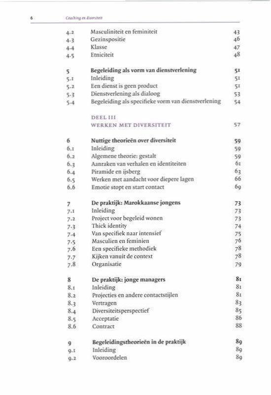 Vervolg van de inhoudsopgave, tonend hoofdstuk 4 tot en met 9 over begeleiding en diversiteit.