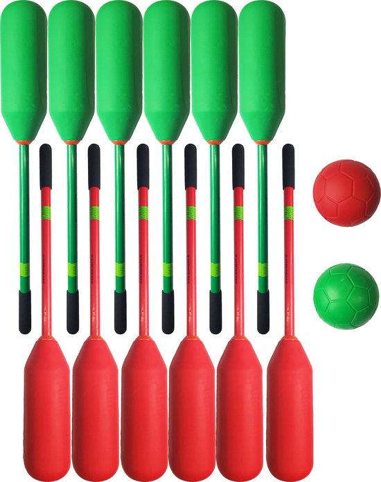 Knotsbal | Knotshockey | Tamponhockey | Bounceball set 12 sticks + 2 ballen Groen / Rood