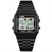 Skmei EL Digitaal Roestvrijstalen - Retro RVS Watch - Worldtime - Sporthorloge  - Alarm - Stopwatch - 30m 5ATM Waterdicht - Zwart