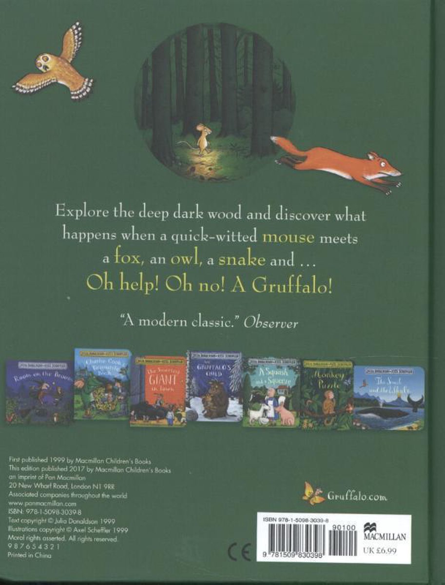 Dos du livre 'The Gruffalo' avec une illustration d'une forêt, une chouette, un renard, un écureuil et un lapin. Texte : 'Explore the deep dark wood... A Gruffalo!'