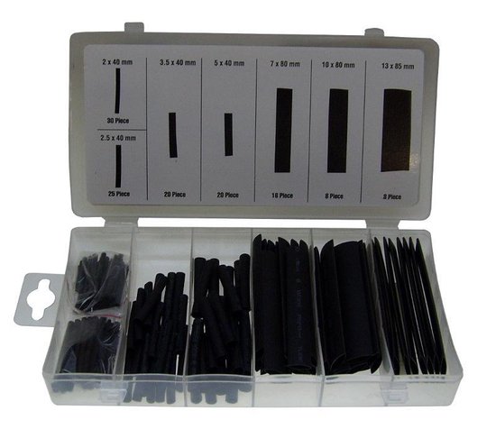 Open koffer met Benson Tools krimpkousen. Verschillende maten en aantallen. Zwart.