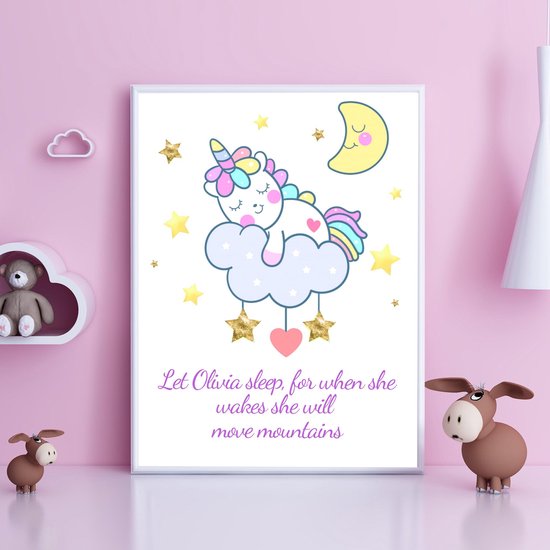 Gepersonaliseerde Poster Babykamer Of Kinderkamer, Poster Met Naam Van Kind, Gepersonaliseerd Kraamcadeau. Inclusief Fotolijst ! 30x42 Cm (A3). Unicorn. Let Her Sleep, For When She Wakes She Will Move Mountains