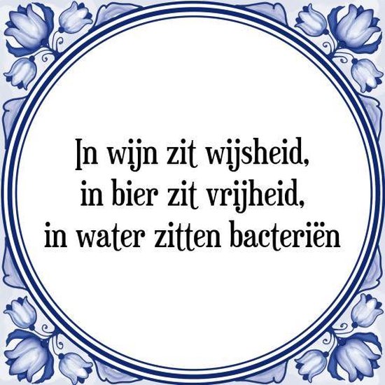 Foto: Tegeltje met spreuk tegeltjeswijsheid in wijn zit wijsheid in bier zit vrijheid in water zitten bacteri n kado verpakking plakhanger