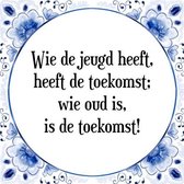 Tegeltje met Spreuk (Tegeltjeswijsheid): Wie de jeugd heeft, heeft de toekomst; wie oud is, is de toekomst! + Kado verpakking & Plakhanger