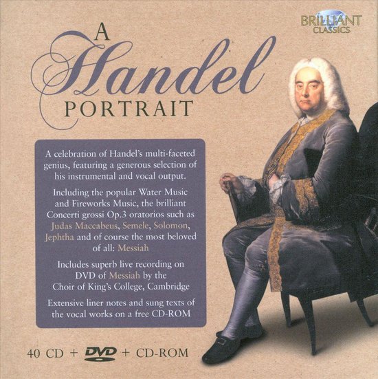 Een schilderij van Georg Friedrich Händel in een blauw-grijze pruik en kleding, met tekst over een muziekcollectie.