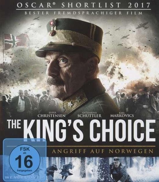 De cover van de film 'The King's Choice - Angriff auf Norwegen', met een man in een militair uniform en vliegtuigen in de lucht.