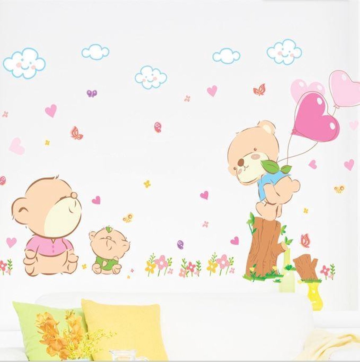 Moderne muursticker – Zachte kleuren – Beren met Hartjes – Liefde – Beer– Vlinders – Wolkjes – Muurstickers kinderkamer – Babykamer – Accessoires babykamer – Baby – 70 x 120 minimaal (lxb) cm