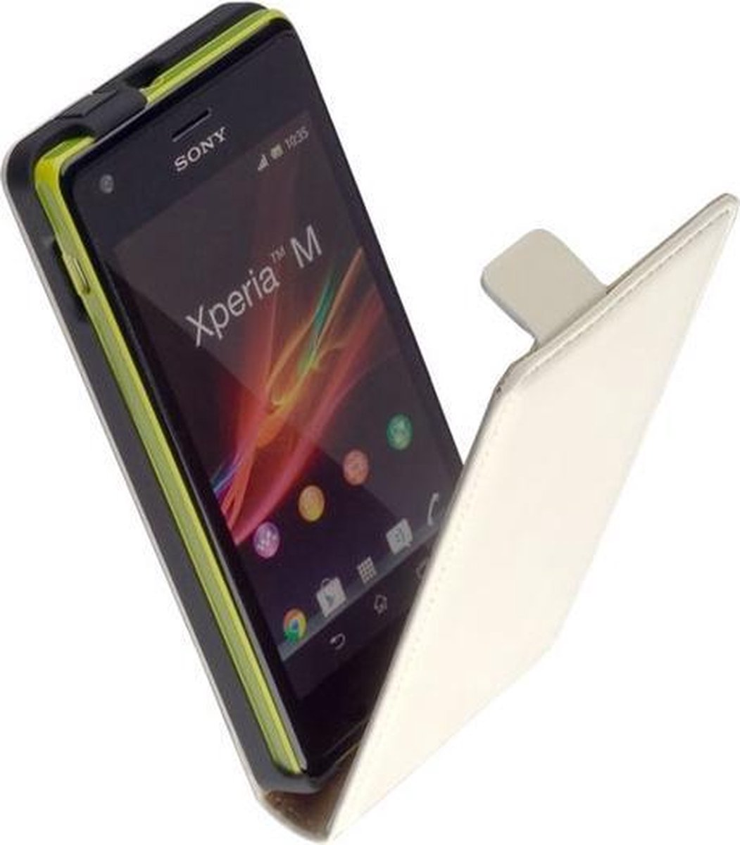 LELYCASE Premium Flip Case Lederen Cover Bescherm Hoesje Sony Xperia M Wit