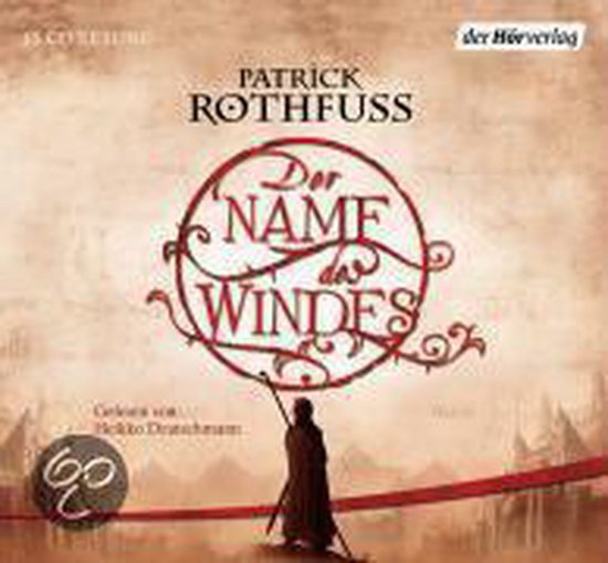 Boekcover met de titel 'Der Name des Windes' in rode letters, met een figuur in silhouet.