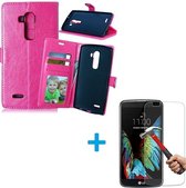 LG K10 Portemonnee hoes roze met Tempered Glas Screen protector