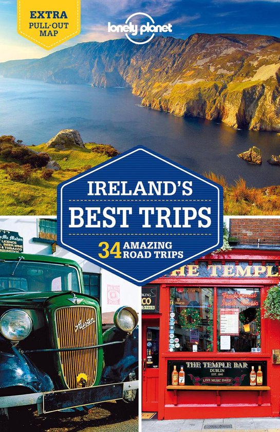 Boekomslag van 'Ireland's Best Trips' met een landschap, oude auto en de Temple Bar pub.