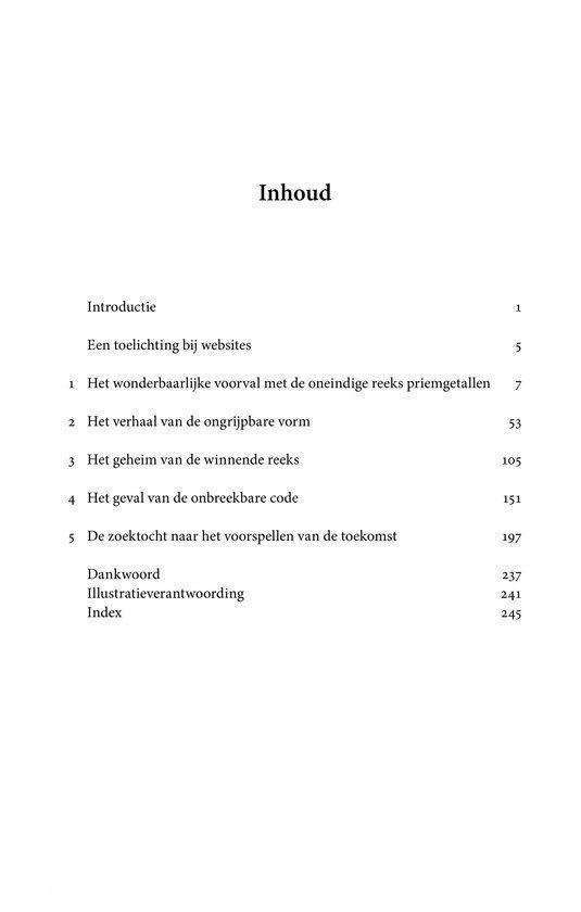 Pagina met inhoudsopgave van het boek 'De Getal-Mysteries'.