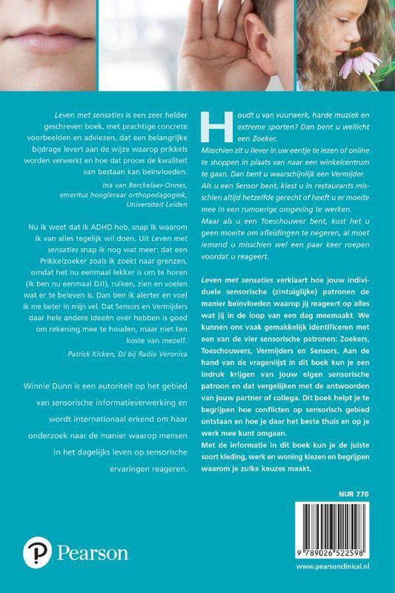 Achterkant van een boek met tekst over zintuigen en sensaties. ISBN 9789026522598.
