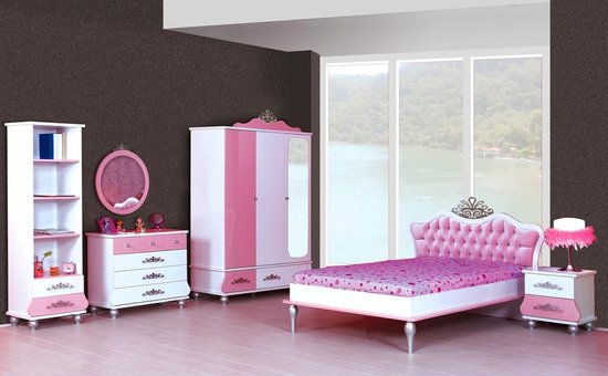 Chambre princesse rose complète | lit fille 200 x 90 - table de chevet -  commode -... | bol