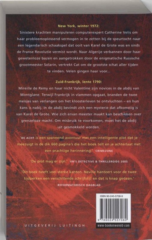 Achterkant van het boek 'De Acht' met beschrijving, recensies en ISBN.