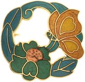 Behave® Dames Broche rond met bloem en vlinder blauw groen emaille 4 cm