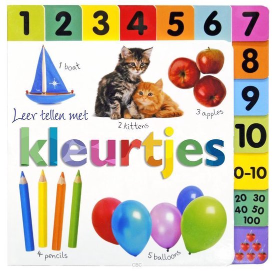 Boek met getallen 1-10, afbeeldingen van een boot, twee kittens, drie appels, vier potloden, vijf ballonnen en vijf visjes.