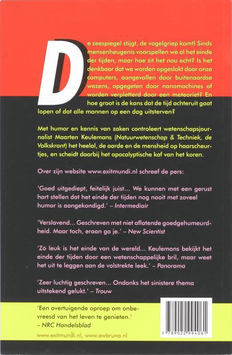 Achterkant van het boek "Exit Mundi" met witte tekst op rode achtergrond, een grote witte letter 'D' en recensies.