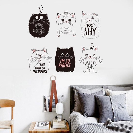 Vrolijke Katten Muursticker / Katten Sticker / Muurstickers Woonkamer / Slaapkamer / Wanddecoratie / Muurdecoratie / Poezen Muursticker / Dieren – Zes Katten
