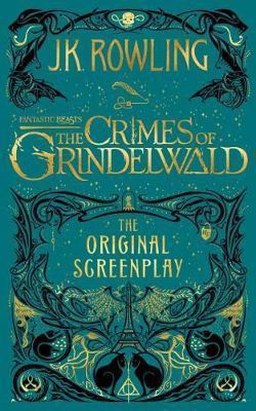 Boekomslag van 'Fantastic Beasts: The Crimes of Grindelwald', de originele screenplay, met J.K. Rowling. De omslag is turquoise met gouden art deco-achtige ornamenten, vogels en de titel.