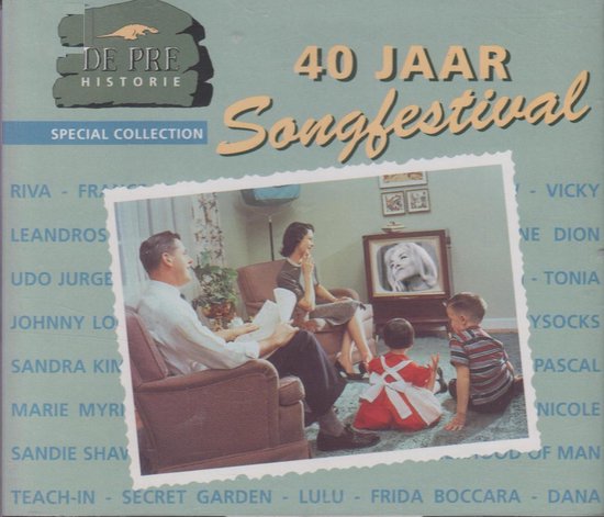 Albumhoes '40 Jaar Songfestival' met afbeelding van gezin dat naar tv kijkt waarop Marilyn Monroe verschijnt.
