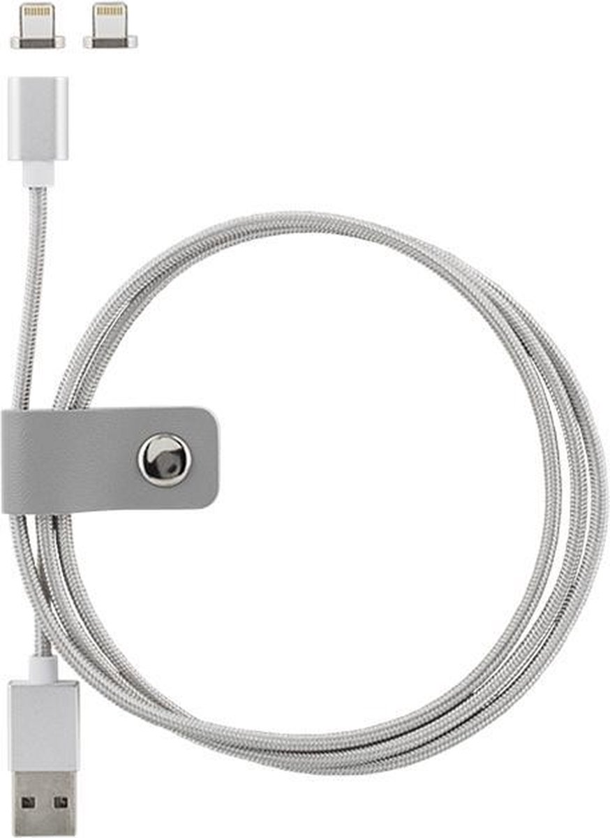 STREETZ EPZI IPLH-581 Magnetische USB-Lightning stoffen Kabel met 2 x Magneet Lightning connector, 1 meter, Sync & charge, Zilver