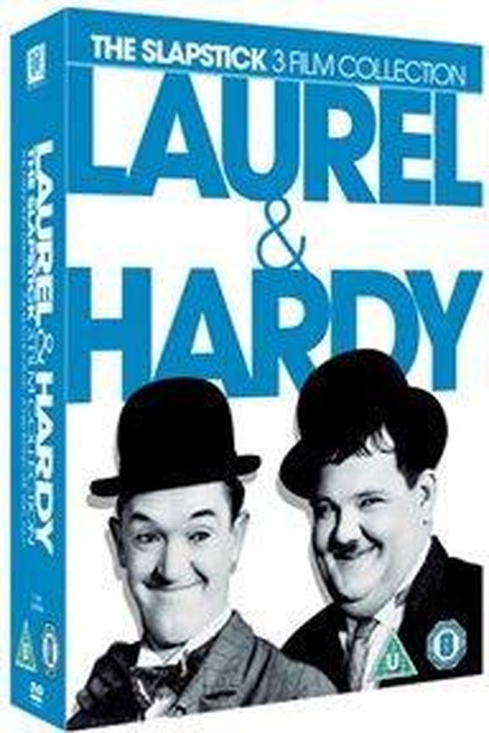De Laurel & Hardy 'The Slapstick 3 Film Collection' DVD-hoes met Stan en Ollie in zwarte bolhoeden, lachend.