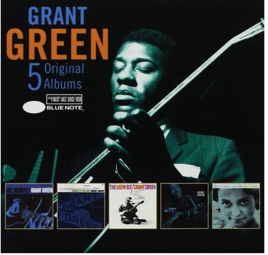 Grant Green 5 Original Albums, met een portret van Grant Green die gitaar speelt. Vijf albumhoezen aan de onderkant.