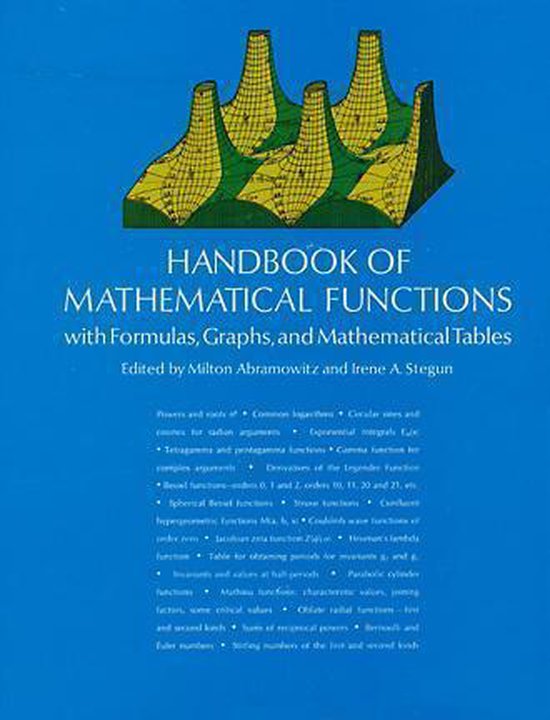 Manuel des fonctions mathématiques, formules, graphiques et tableaux. Couverture avec une illustration géométrique 3D et un fond bleu.