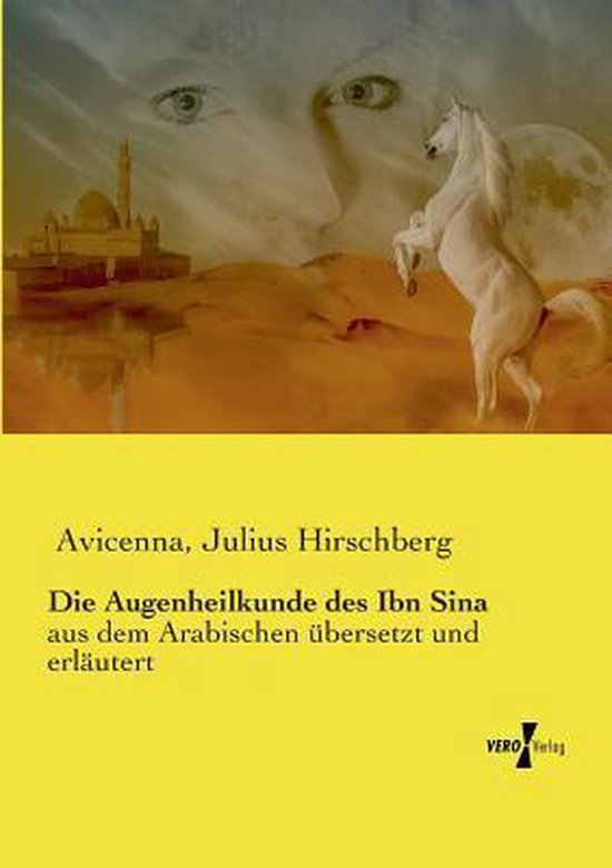 Boekomslag 'Die Augenheilkunde des Ibn Sina' met surrealistische afbeelding van ogen, woestijn, moskee en paard.