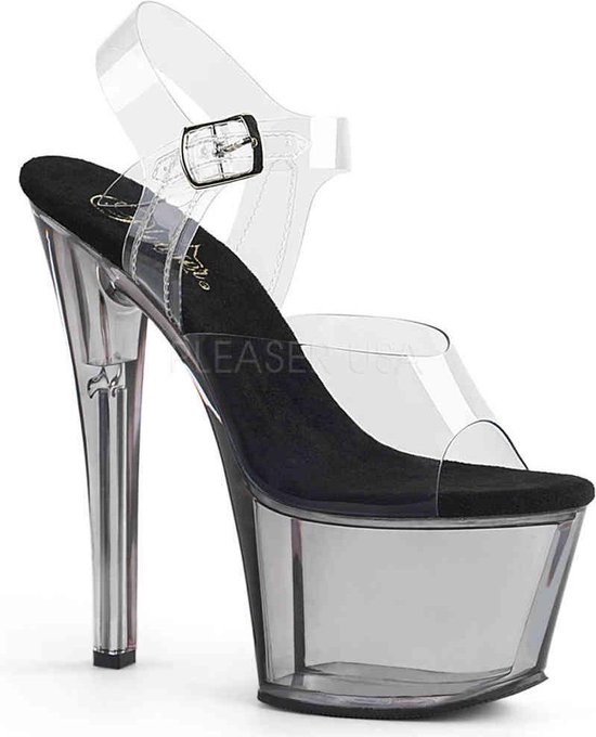 Pleaser - SKY-308T Sandaal met enkelband, Paaldans schoenen - Paaldans schoenen - 35 Shoes - Zwart/Zilverkleurig