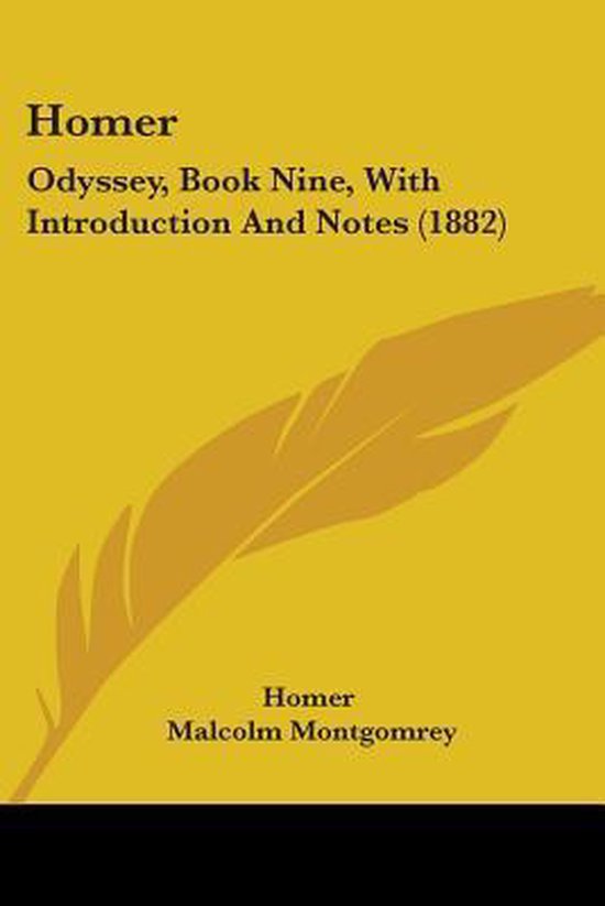 Gele cover met gouden veer en de titel "Homer Odyssey, Book Nine, With Introduction And Notes (1882)" in zwarte letters.